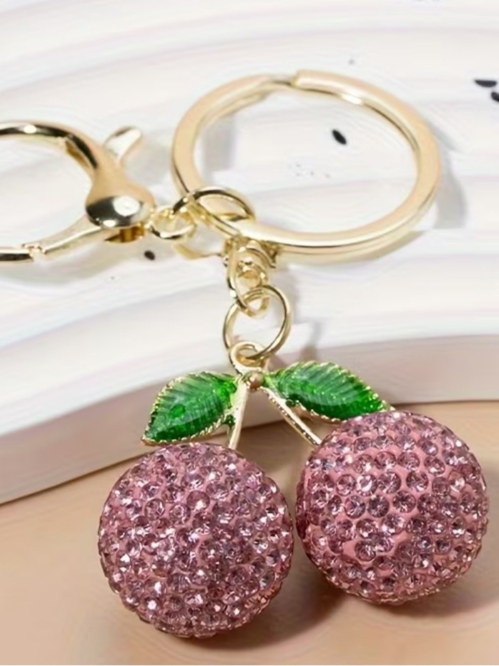 New Gold Cherry Crystal Rhinestone Keychain - Pink Cherry Charm